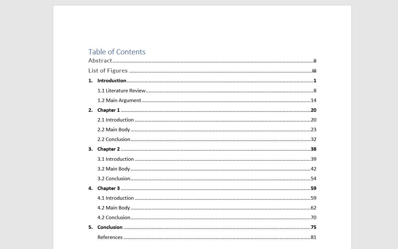 masters dissertation contents page