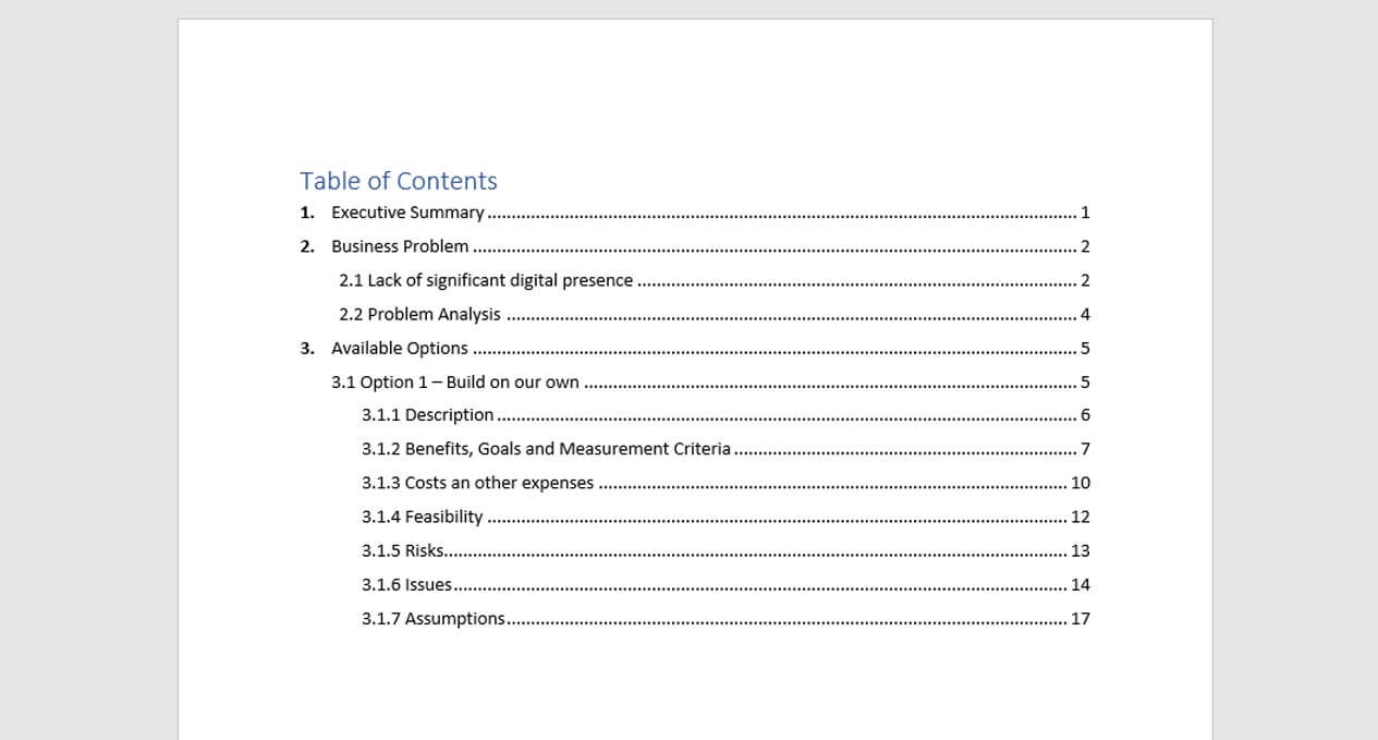 Example for Table of Contents